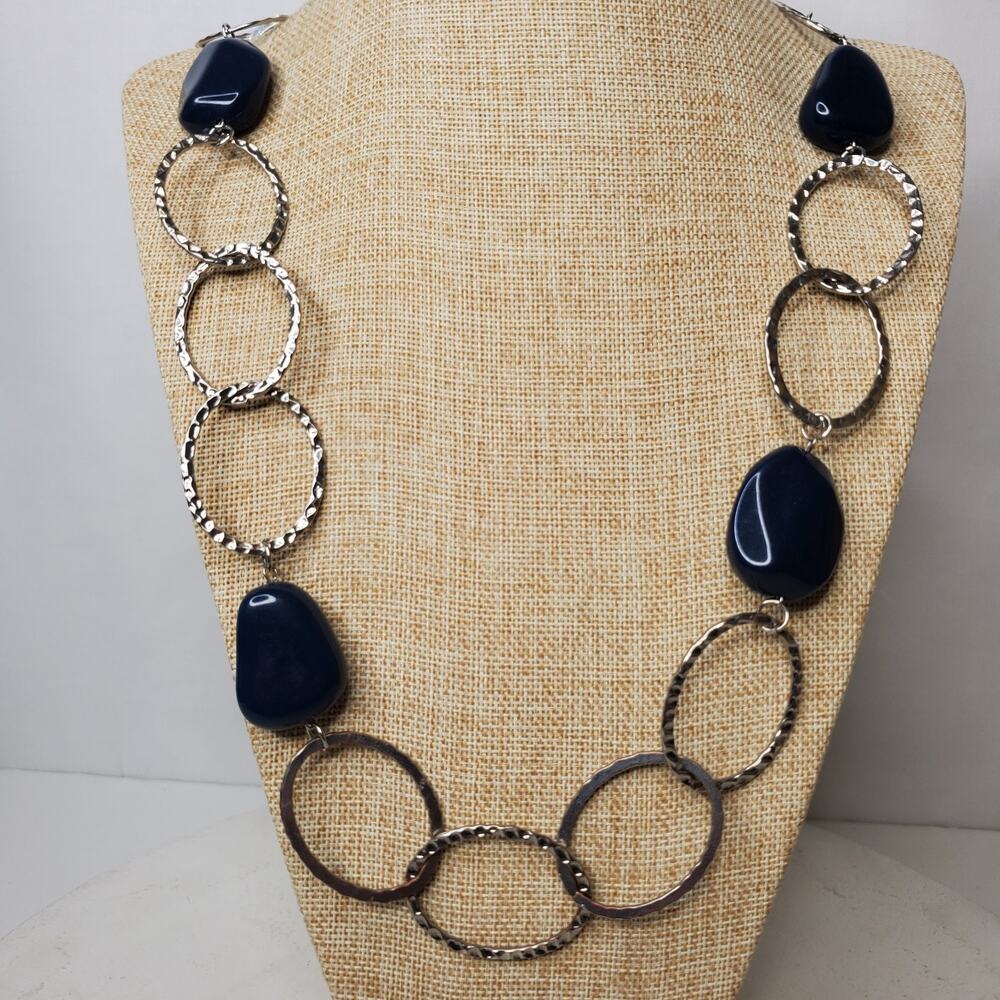 Vintage Necklace Blue Beads w/ Silver Circles on Chain 38 Inch